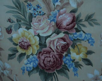 Vintage~ BARKCLOTH ERA Cottage Floral Fabric ~ Cabbage Roses Peonies Scrolls~ Soft Beige ~ 4 Full 18" Bouquets ~ 46 x 60 ~ Pillow Covers