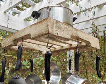 Hanging Pallet Rail Pot RackSturdy Wood Industrial Holder Holds 8 Pots Hanging Pallet Rail Pot RackSturdy Wood Industrial Holder Holds 8 Pots