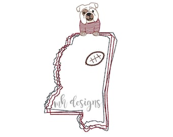 State of Mississippi with Bulldog and Football embroidery design, Vintage stitch bulldog, Mississippi embroidery file, Bean stitch bulldog