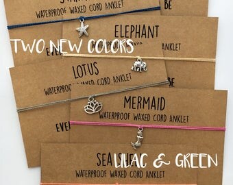 WATERPROOF ANKLET ~ Polyester Waxed Cord - Turtle Starfish Mermaid Shell Elephant Lotus Silver Charms ~Adjustable Macrame Knot ~Color & SIZE
