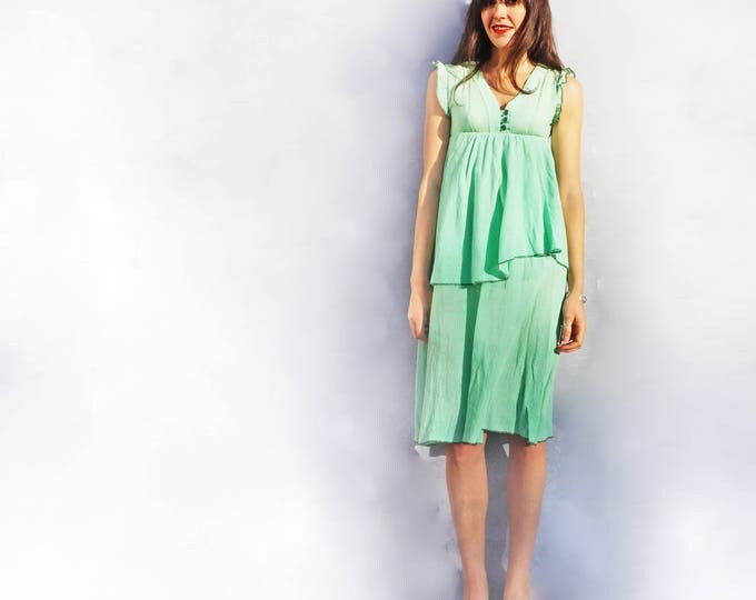 Casual Green Dress, Vintage 1970s Dress, Frill Dress, Loose Dress, Spring Dress, Everyday Dress, Sleeveless Dress, Linen Dress, Boho Dress