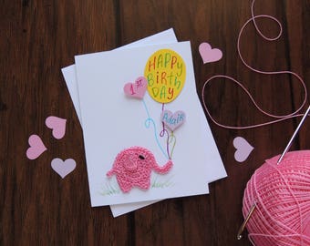Pink Elephant First Birthday card, Crochet elephant, baby girl personalized birthday card, 1st birthday