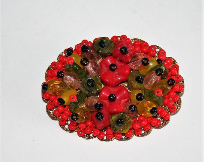 Czech Red Seed Glass Beads Hand Made Vintage Brooch Pin