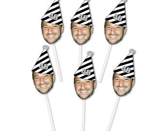 40th Birthday Cupcake Toppers with Face and Birthday Hat, Fortieth, Custom, Personalized, Glitter, Gold, Silver