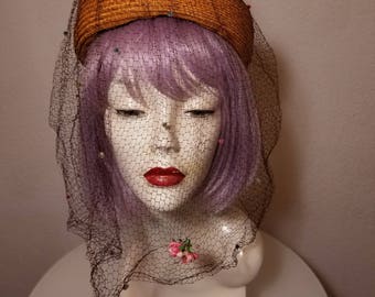 FREE SHIPPING 1940 Straw Veil Hat