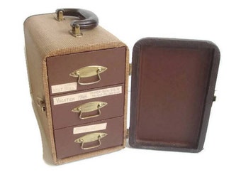 Barnett and Jaffe Slide Case, Wood Carrying Case, 3 Drawer, Retro Storage, Holds 300 Slides, Brown and Tweed