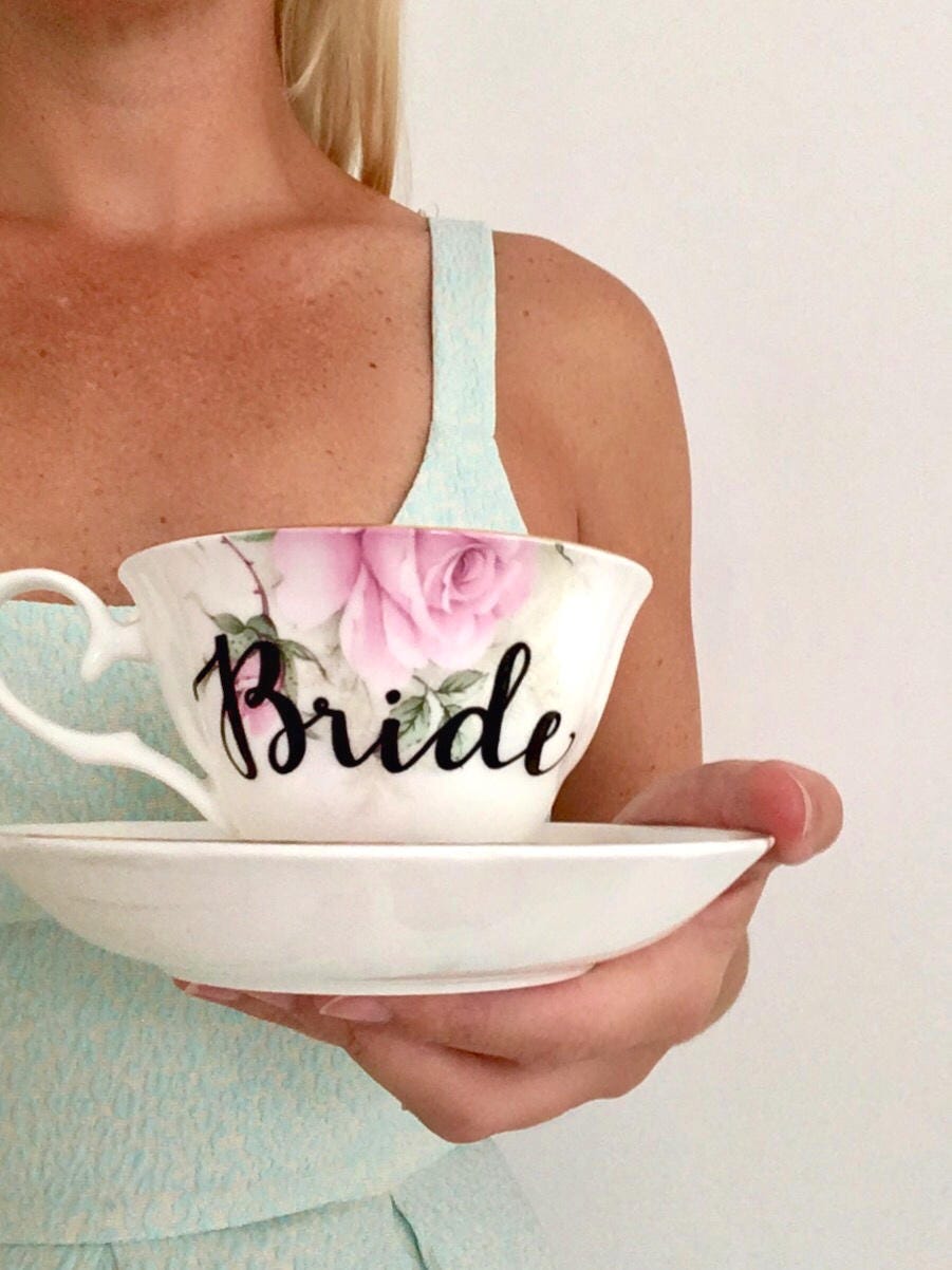 Dainty Pink Floral BRIDE Tea Cup & Saucer Wedding Mug