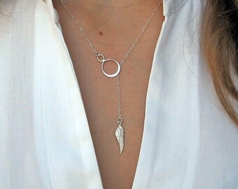 Infinity Necklace, Angel Wing Necklace, Lariat Y Necklace, 925 Sterling Silver, Delicate Jewelry, Lariat Necklace, Dainty Thin Chain