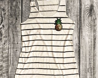 S-XL SEQUIN PINEAPPLE Patch on Ivory/Black Stripe Racerback Tank, Alternative Apparel, Graphic Tee, Screenprint,Gym Shirt,Funny Shirt