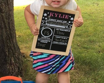 First Day of School Chalkboard - Reusable Custom Peronalized Child Chalkboard -- Dual Sided - From Baby thru School Years