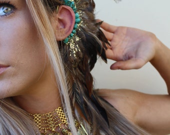 Turquoise stone feather ear cuff