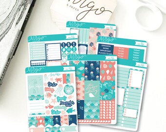 Vertical Kit - Sea Life Planner Sticker Kit - Ocean, Beach, Summer 6 Sheet Sticker Kit - Hand Drawn Vertical Planner Sticker Kit OCKV