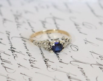 Antique/Vintage Yellow and White Gold Blue Stone (Sapphire?) Ring, Engagement Ring