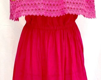 Embroidered Double Crocheted Fuchsia Off Shoulders Mexican DRESS Peasant Vintage Fits up XL Women's 100% cotton Mexican Clothing Sexy!