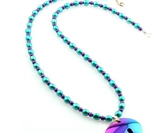 Fresh Water Pearl Necklace with Purple Fire-Polished Glass and a Hematite Bear Pendant