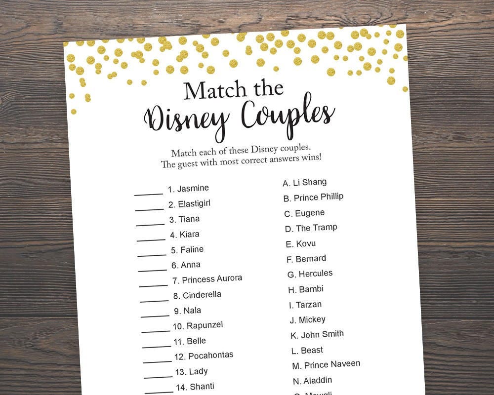 Match the Disney Couples Bridal Shower Game Gold Confetti