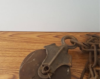 Large Vintage Metal Pulley with Wooden Wheel and Chain