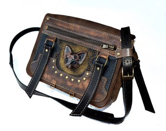 Steampunk Messenger bag Steampunk gift Cat bag Brown bag Small womens bag Steampunk bag Steampunk goggles Womens bag everyday Steampunk cat