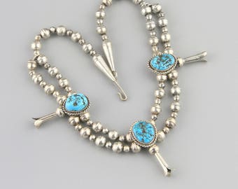 Vintage Navajo Turquoise Coloured HOWLITE Squash blossom Necklace, Sterling Silver, Native American Jewellery, Navajo Jewellery,