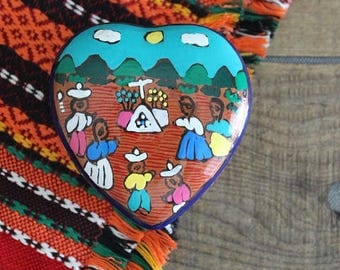 Vintage Mexican Folk Art Trinket Box, Small Heart Box