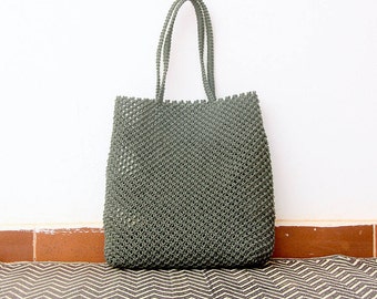 Handbag, macrame boho bag, handmade woven bag, a beach bag or summer bag for the city or vacation in weaving black, gray or khaki/gray green