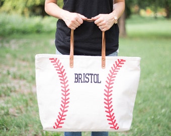 Leather Handle Baseball Tote | Monogram Tote | Baseball Bag | Jute Tote | Baseball Mom | Baseball Wife | Baseball Girlfriend | Gift for Her