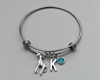 Giraffe Charm Bracelet, Giraffe Bracelet, Giraffe Jewelry, Giraffe Bangle, Initial Bracelet, Birthstone Bracelet, Stainless Steel Bangle
