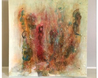 Original LargeTextured Art on Canvas. Red, Orange,Gallery Wrapped Canvas 24x24 Modern Art .