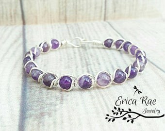 Amethyst gemstone bangle bracelet, wire wrapped bracelet, wire wrap bracelet, beaded bracelet, wire jewelry, purple bracelet, birthstone