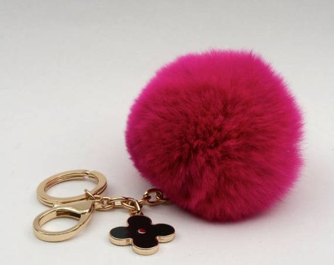 Pom-Perfect Fuchsia REX Rabbit fur pom pom ball with black flower keychain