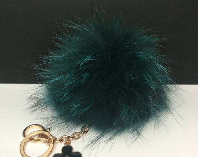 Emerald with natural markings Raccoon Fur Pom Pom luxury bag pendant + black flower clover charm keychain