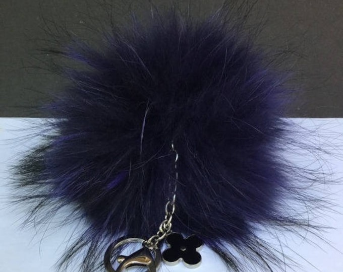 Navy Purple Raccoon Fur Pom Pom luxury bag pendant + flower keychain ring chain with natural black markings