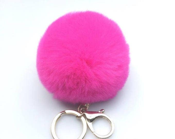 Hot Pink Fur Pompom Keychain-FurPomPom Bag Charm- PomPom Bag Pendant- Rabbit Fur-Leather-Fur Accessories-Fur Pompom