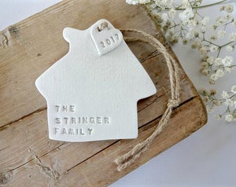 Personalised new home gift / White clay house ornament personalised with surname / housewarming gift / wedding gift