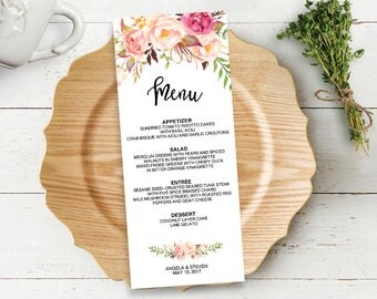 Floral Wedding Menu Template, Printable Menu card, Table Menu, Menu Sign, PDF file Instant Download /Angela