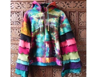 Tie Dye Hoodie Gypsy Boho Upcycled Redesigned Patchwork Hoodie Granny Square 'Rainbow Brite' Size Juniors Large by The Gypsy Fae