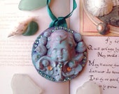 Cupid Goddess Venus Aphrodite Love Romance Shell Water Element Altar Decor Pagan Wiccan Gift Rococo Blue Lilac Weathered OOAK Wall Art