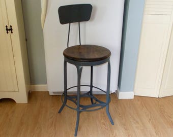 Vintage Industrial Stool, High Back With Oak Seat