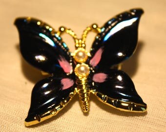 Vintage Brooch Pin Signed Gerry's Mod Dimensional Pearls Deep Blue & pink