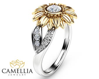 Unique Engagement Ring Natural Diamond 14K Gold Ring Sunflower Engagement Ring Camellia Jewelry