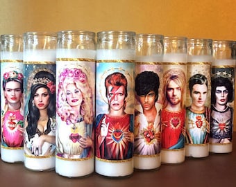 Parody - Prayer Candle - Dirty Lola - Saint Bowie - Saint Dolly - Saint Frida Kahlo - Saint Kurt - Saint Amy - Saint Morrissey - Fan Art