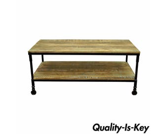 Industrial Distress Finished Reclaimed Wood Iron Rolling Coffee Table Steampunk