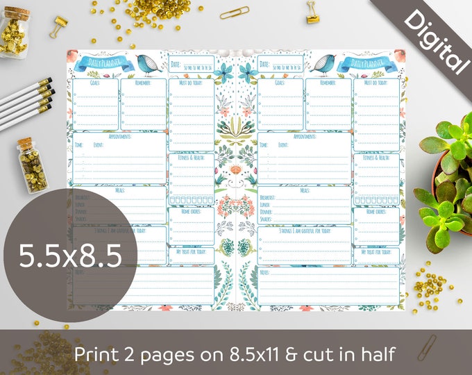 5.5 x 8.5 Daily Planner Printable, Half size printable refills, Half Letter, Junior size, Arinne Blue Bird DIY Planner PDF Instant Download