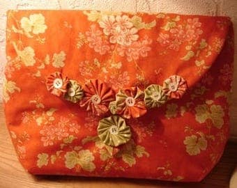 Kit "Yoyo" fabric orange background, floral pattern