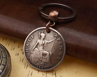Genuine 1927 British Ha'penny Half Penny Old Vintage Coin Keychain 90th Birthday Gift
