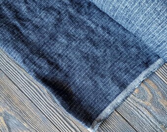 Washed dark blue striped linen fabric by the meter, tissu au metre flax fabric with stripes, striped stonewashed linen fabric by the yard