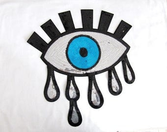 Oriente Eye Patch Tears Eye Oatch Sew On IRON ON silver teary crying blue eyes black lashes pop art 80s Sequin Patches Motif applique