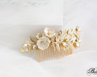 Bridal Leaf Hair Comb, Gold Bridal Comb, Floral Leaf Hair Piece, Wedding Headpiece, Gold Branch Hair Comb, Grecian Leaves, Boho Hairpiece