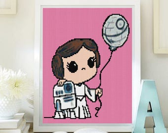 Princess Leia cross stitch modern pattern. Star Wars cross stitch pattern. Download PDF. Ptrón princela Leia punto de cruz, descarga PDF