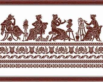 Greek muses and antique ornament - Diagram for embroidery cross stitches